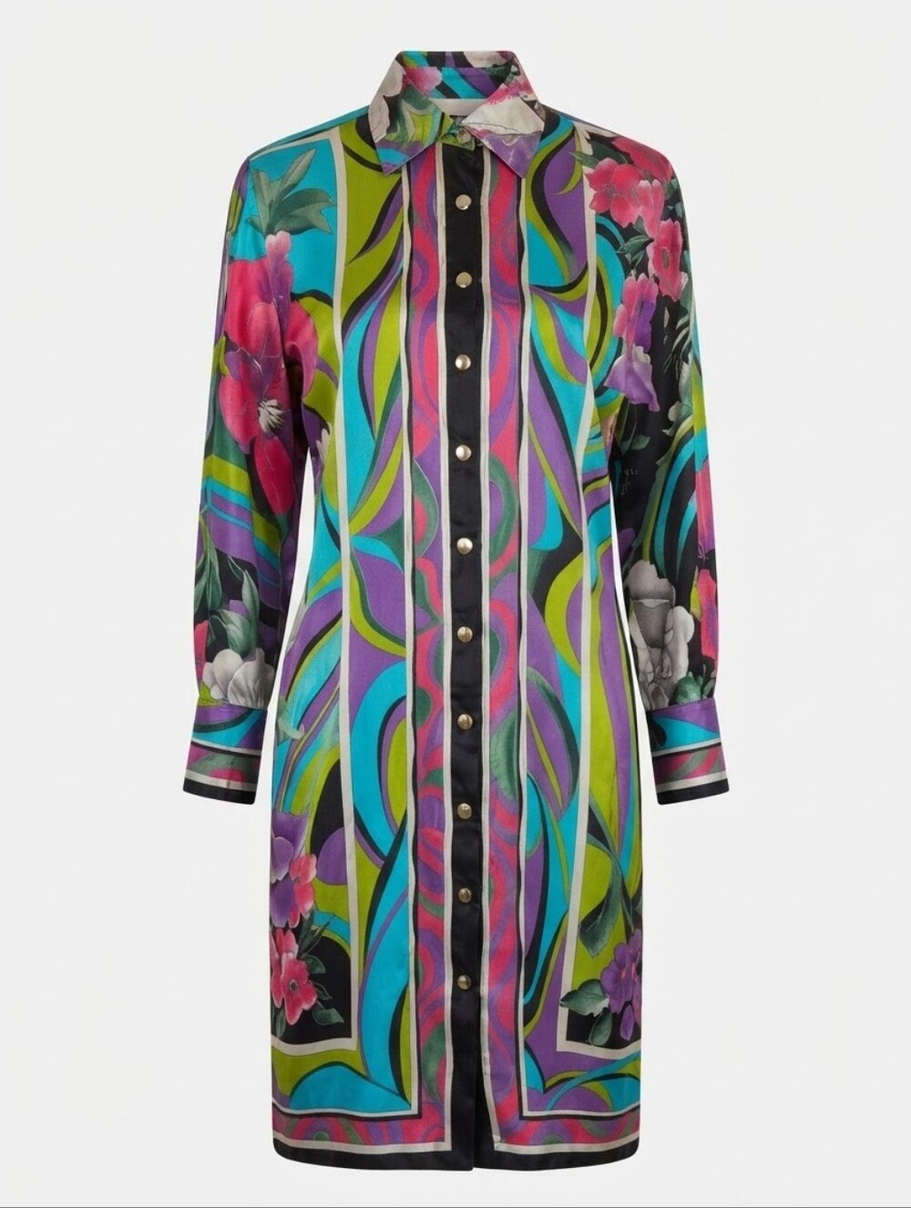 Vtg Cache 100% Silk Shirt Dress XS 90s Abstract Print